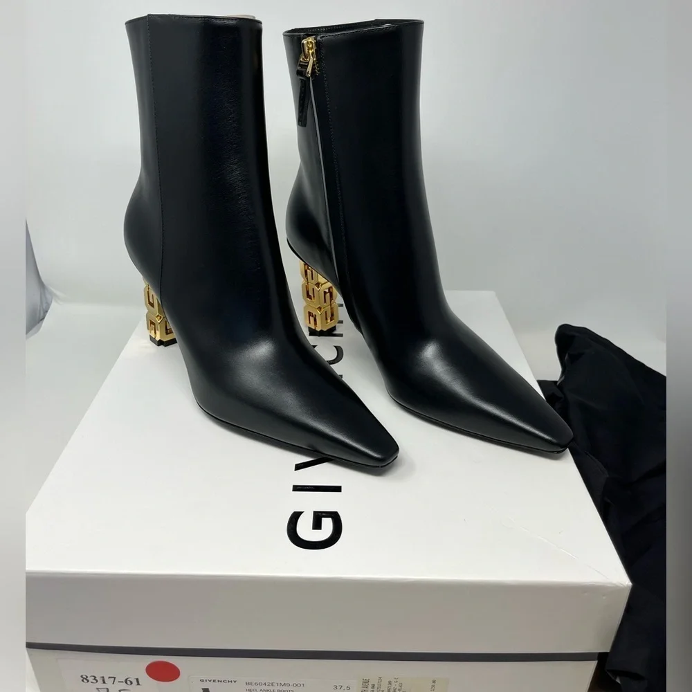 NIB Givenchy G Cube 85 Leather Ankle Boots Pointed Toe Black Gold Heel size 37.5